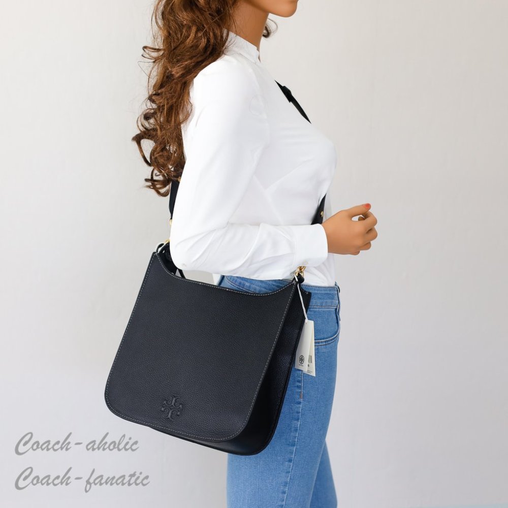 NWT Tory Burch Thea Web Large Shoulder Bag Leather Crossbody in Black - Picture 3 of 13